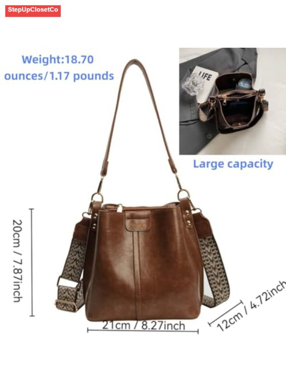 Large Capacity Vintage Bucket Crossbody Bag for Women Adjustable Strap Travel - Picture 4 of 6